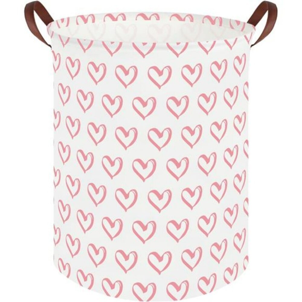 Pink heart laundry hamper basket toy organizer baby nursery storage bin 19x16